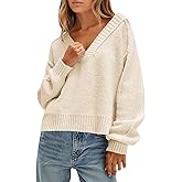 Saodimallsu Womens V Neck Pullover Sweaters Casual Knit Long Sleeve Loose 2025 Fall Cropped Tops