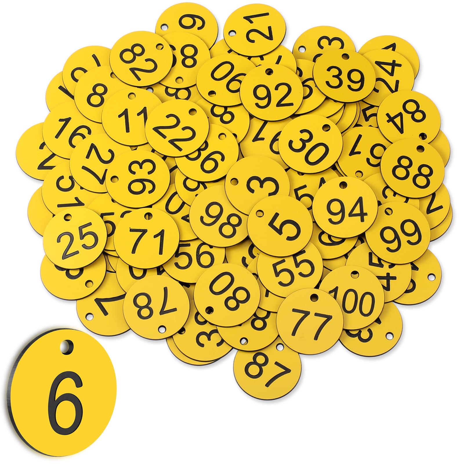 Tenare 1-100 Plastic Table Numbers Key Number Cloakroom Tags Waterproof Small ID Tags with Hole for Restaurant Cafe Outdoor Car Dormitory Lockers Hotel, Without Key Rings(Yellow, Black)