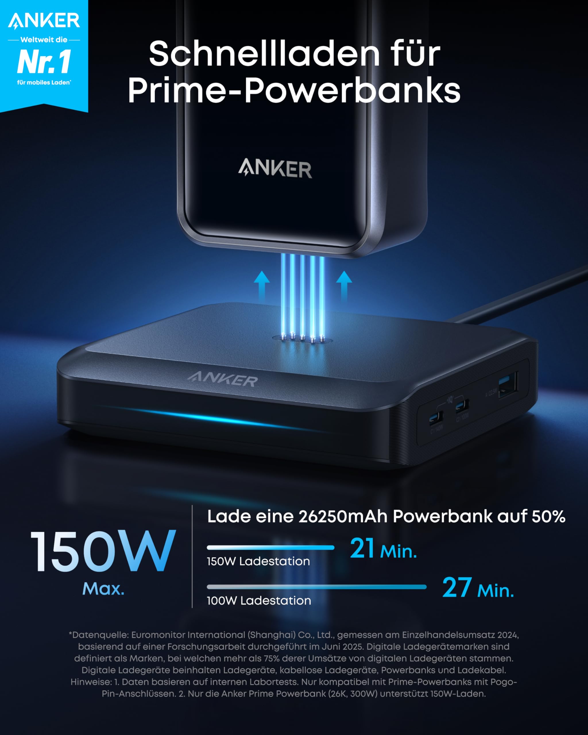 Anker Ladebasis, max. 150W Schnellladung mit 3 Ports für die Anker Prime Powerbank, kompatibel mit MacBook Pro/Air-Serie, iPhone 16/15/14-Serie, Samsung und weiteren (Ohne Powerbank) 2