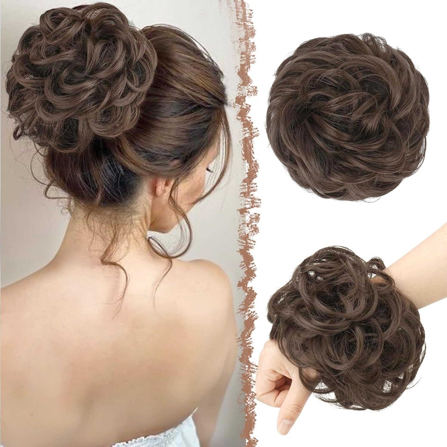 FESHFEN Messy Bun Hair Piece Hairs Scrunchies Thick Curly Wavy Pony Tail Synthetic Accessories Donut Updo Hairpieces for Women Girls 55g, Medium Chestnut Brown