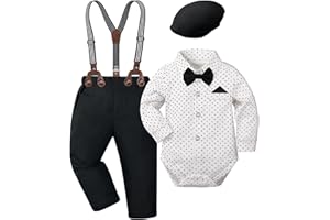 Baby Boy Clothes Set Infant Tuxedo Long Sleeve Gentleman Suit Outfits + Beret Hat + Suspender Pants + Bow Tie 0-18M