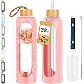 Borosilicate Glass Water Bottles 32 oz, Motivational water bottle with Silicon Sleeve, Glass drinking bottle with 2 bamboo lids & Straw, Time Marker for Daily Hydration, Leak Proof, BPA Free - Pink