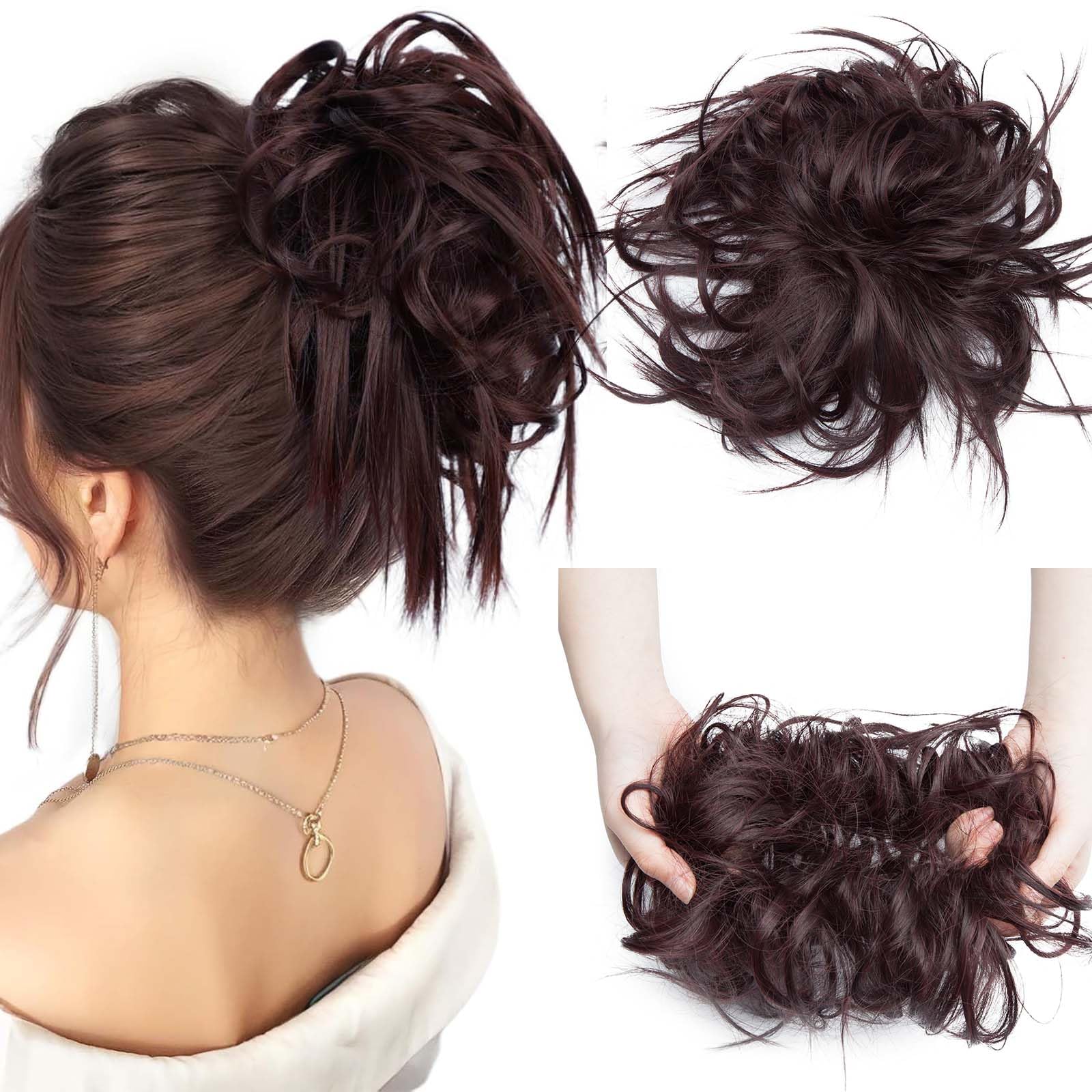 Real Fashion Tousled Updo Hair Pieces Messy Bun Hair Scrunchies Extensions Hair Pieces Ponytails Hair Extensions for Women Black mix Wine Red