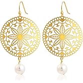 Watforsh 14K Gold Plated Filigree White Pearl Circle Disc Pearl Dangle and Drop Lightweight Earrings for Women Bohemian Wedding Statement Vintage Earrings