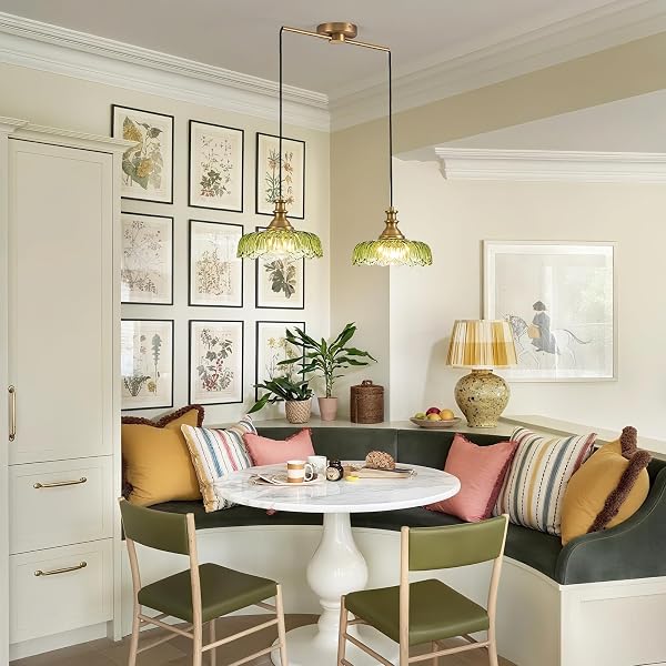 HDDFL VINTAGE PENDANT LIGHTING FIXTURES MODERN GLASS HANGING LAMP WITH ADJUSTABLE CORD FOR KITCHEN ISLAND DINING ROOM HALLWAY 2 LIGHT BRASS AND GREEN