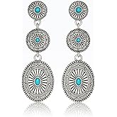 ecozran Chic Western Cowgirl Dangle Concho Earrings Boho Vintage Country Concert Sterling Silver Turquoise Elegant Hanging Bohemian Jewelry for Women