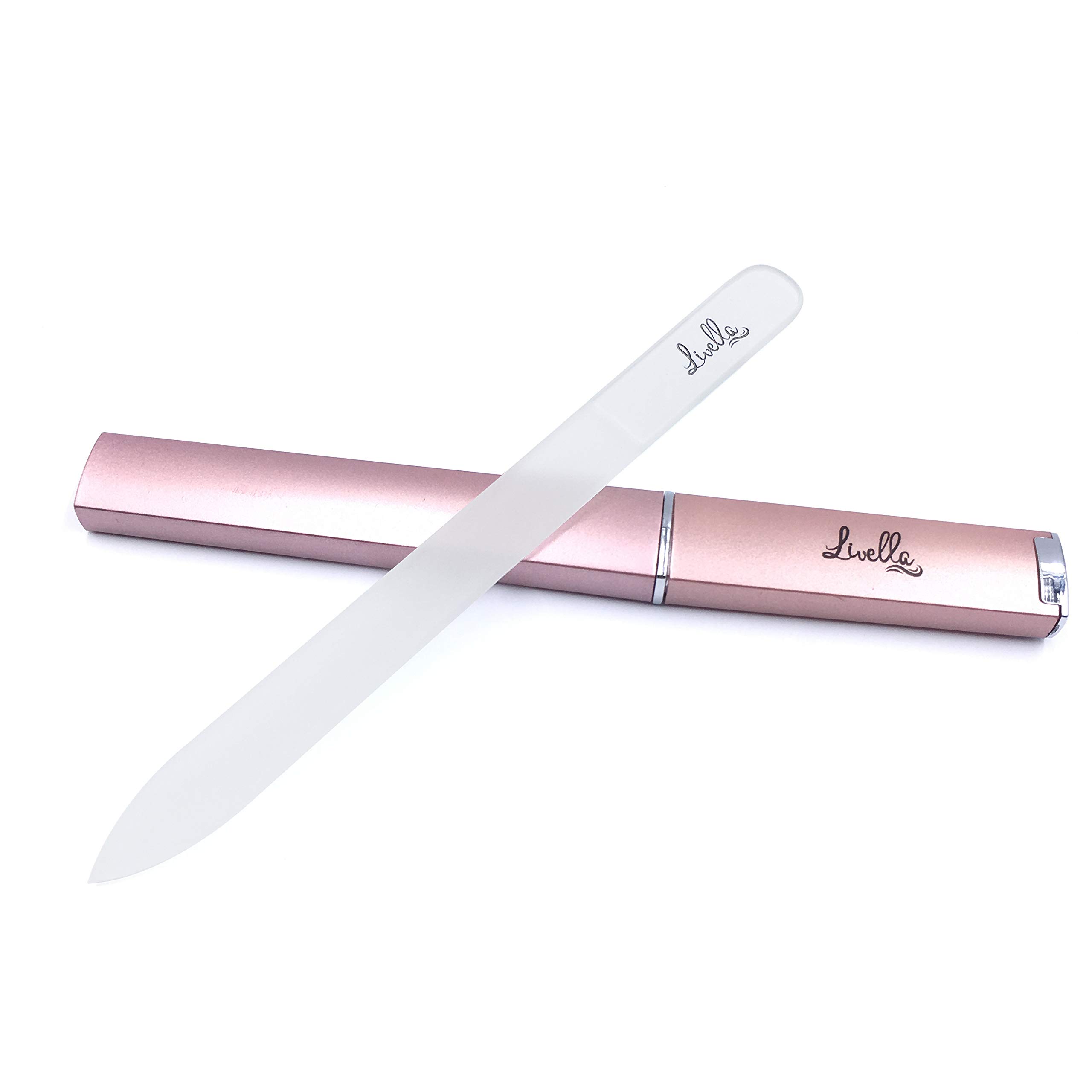 Livella Glass Nail File with Designer case in Rosegold/Especially Gentle and Soft for Nails/Manicure and Pedicure/Double Sided File/Crystal Glass