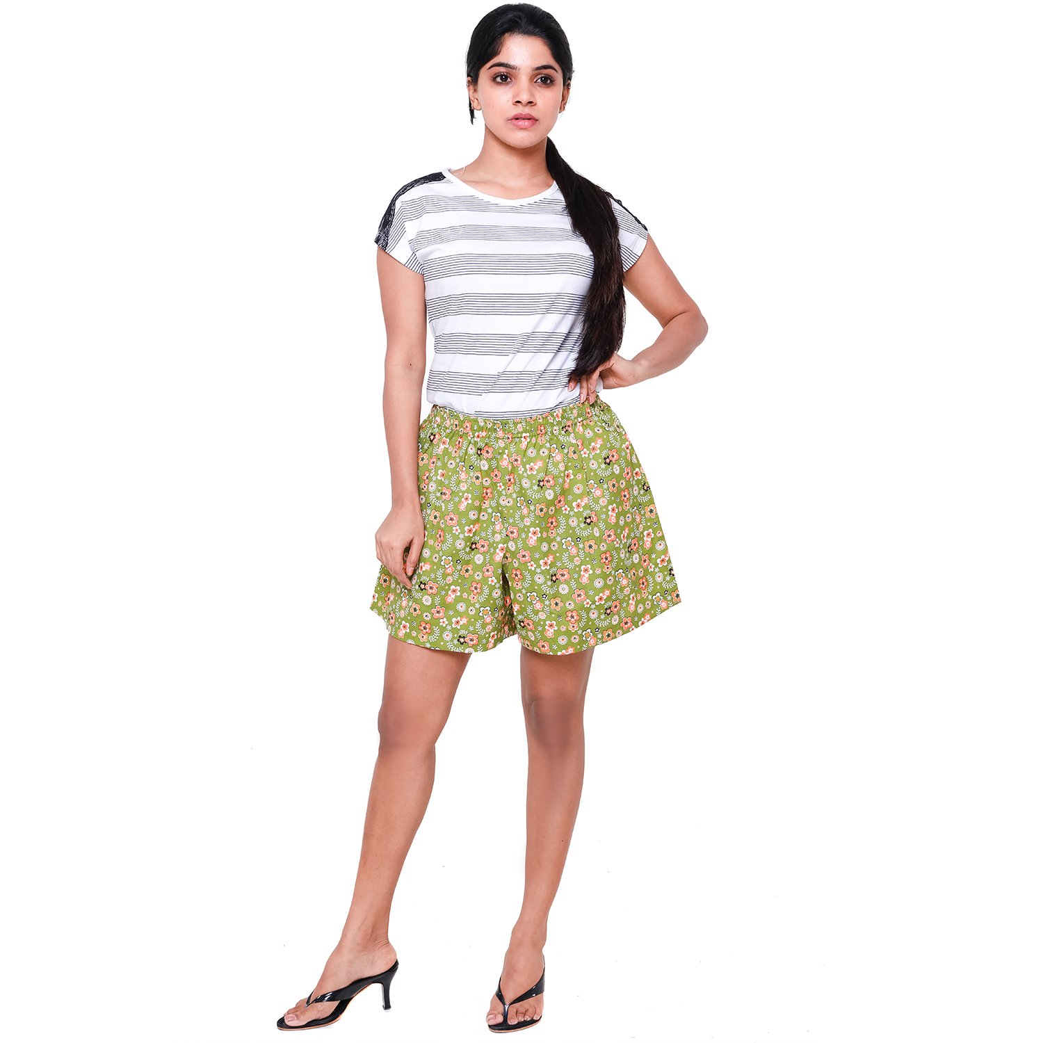 twist women's green printed night wear shorts with contrast & free shipping