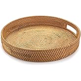 Rattan Round Serving Tray, Decorative Coffee Table Tray, Ottoman Hand Woven Serving Basket with Handles, Wicker Fruit/Bread Serving Basket, 11.8 inch