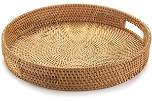Rattan Round Serving Tray, Hand Woven Serving Basket with Cut - Out Handles, Wicker Fruit/Bread Serving Basket, 11.8 inch