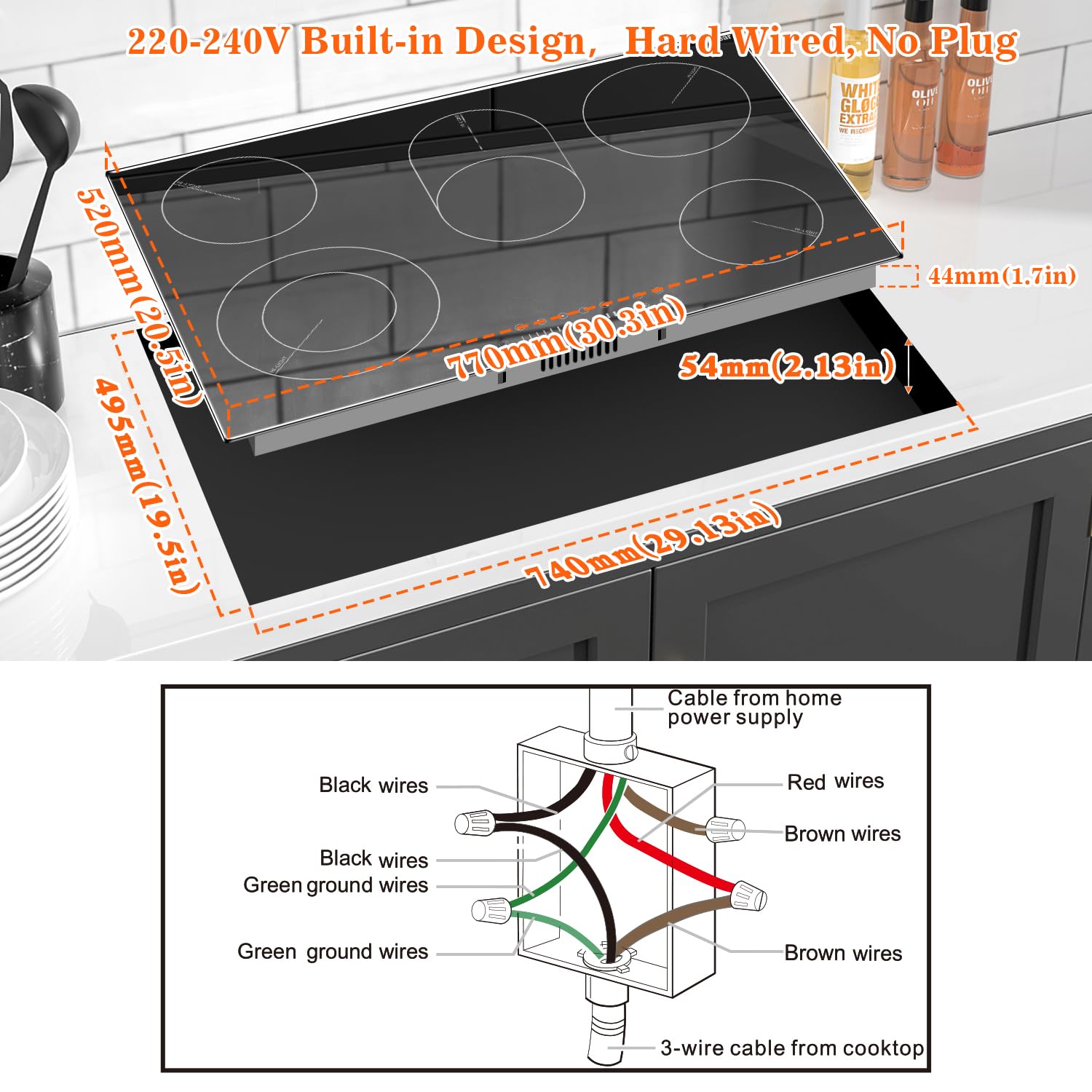 Karinear Electric Cooktop 30 Inch, 8400w 5 Burners Electric Stove Top, Built-in Ceramic Cooktop with Glass Protection Metal Frame, Multifunctional Stove for 220-240v, Hard Wire, No Plug