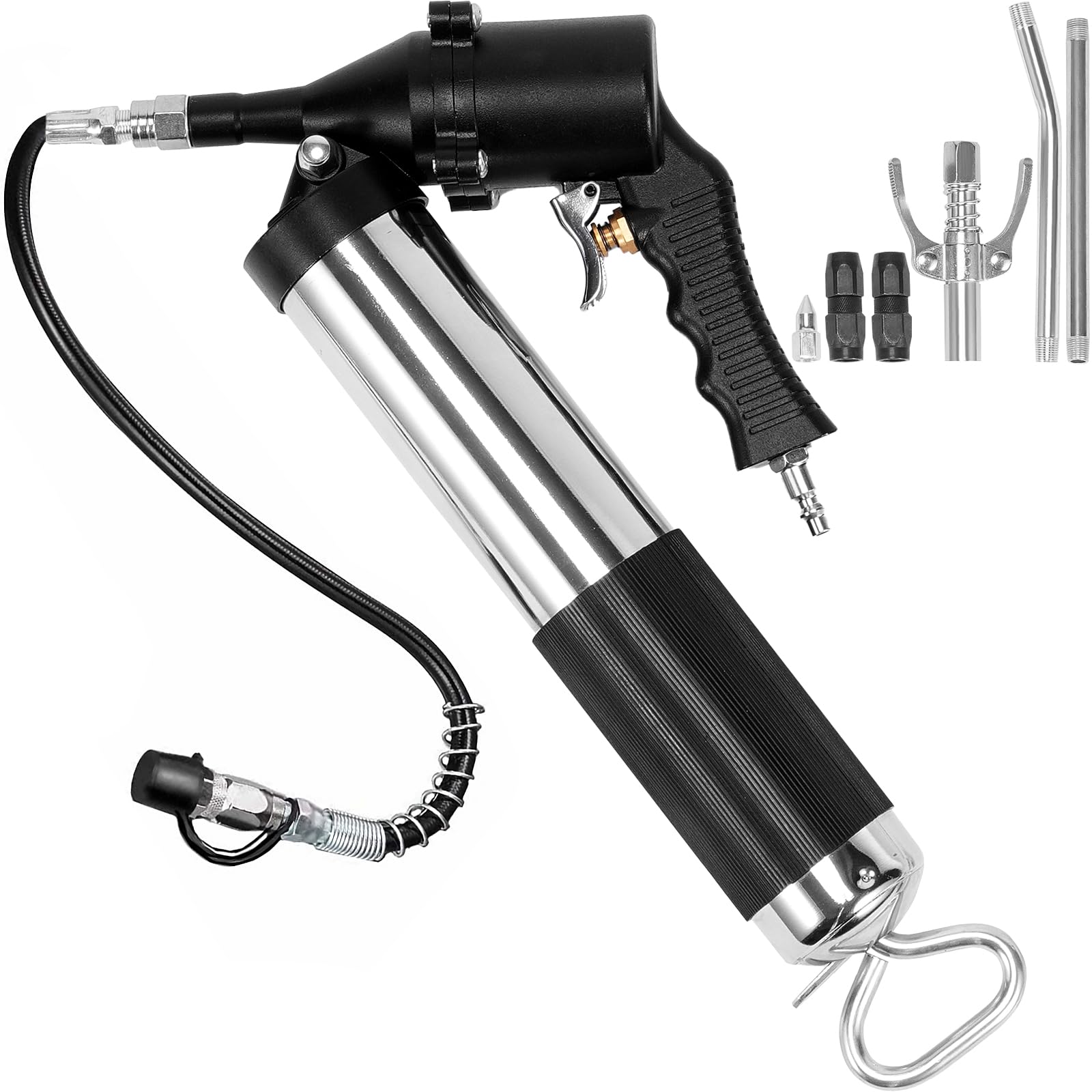 Photo 1 of VEVOR Grease Gun, 6000PSI Air Operated Grease Gun, Heavy Duty Pneumatic Grease Gun with 14 oz Load, 18.5 Inch Flexible Hose, 1 Flat Coupler, 1 Pointed and Locking Clamp Coupler, 1 Bent Metal Pipe