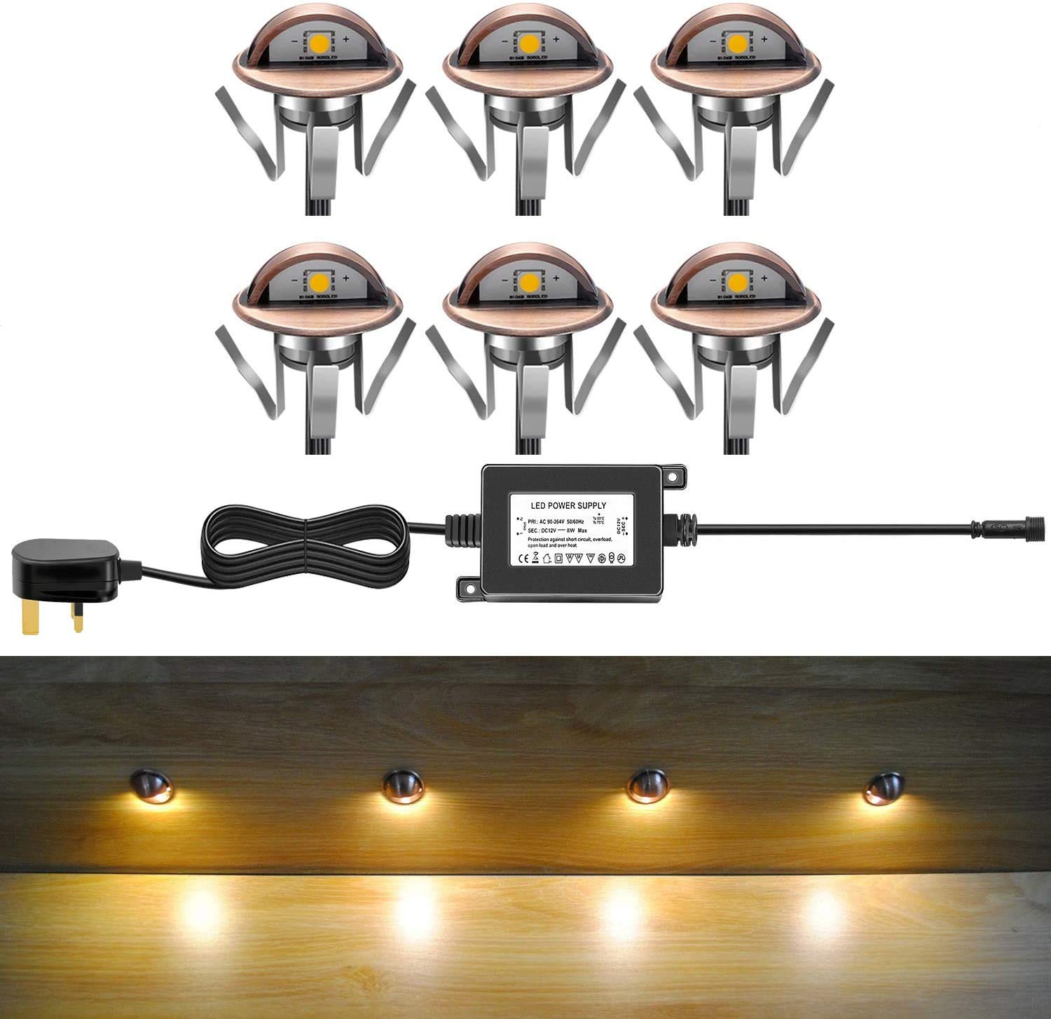 CHNXU Low Voltage LED Deck Lighting Kits with Transformer, 6 Pack IP65 Waterproof Outdoor Recessed Wall Patio Stairs Step Garden Yard Decorations Landscape Lights (Warm White, Bronze) — image 1