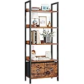 Furologee 5-Tier Bookshelf, Tall Bookcase with 2 Storage Drawers, Adjustable Industrial Display Standing Shelf Units, Wood and Metal Storage Rack for Living Room, Bedroom, Home Office Rustic Brown