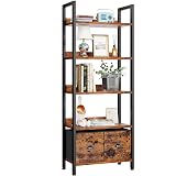 Furologee 5-Tier Bookshelf, Tall Bookcase with 2 Storage Drawers, Adjustable Industrial Display Standing Shelf Units, Wood and Metal Storage Rack for Living Room, Bedroom, Home Office Rustic Brown
