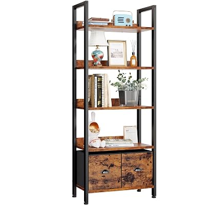 Furologee 5-Tier Bookshelf, Tall Bookcase with 2 Storage Drawers, Adjustable Industrial Display Standing Shelf Units, Wood and Metal Storage Rack for Living Room, Bedroom, Home Office Rustic Brown