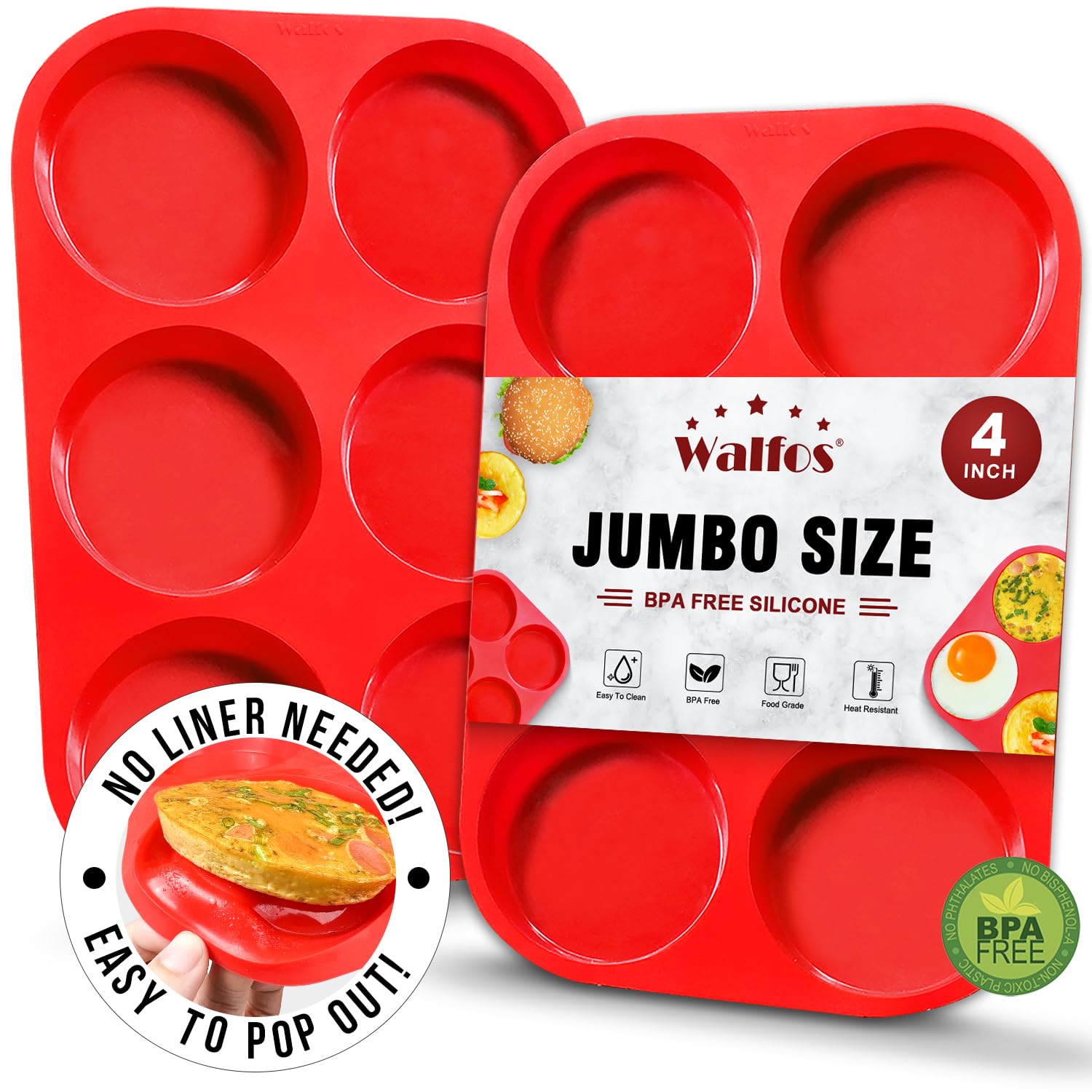 Walfos Silicone Muffin Top Pans for Baking 4inch Jumbo Size, Perfect Results Premium Non-Stick Bakeware Egg Baking Pan, Great for Eggs, Hamburger Bun, Muffin Top and More, Food Grade & BPA Free, 2pcs