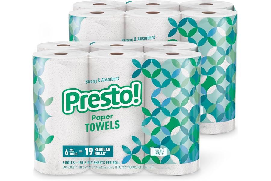 Amazon Brand - Presto! Ultra-Strong Premium Paper Towels, 158 Sheet Huge Roll - Flex-a-Size, 12 Rolls (2 Packs of 6), Equival