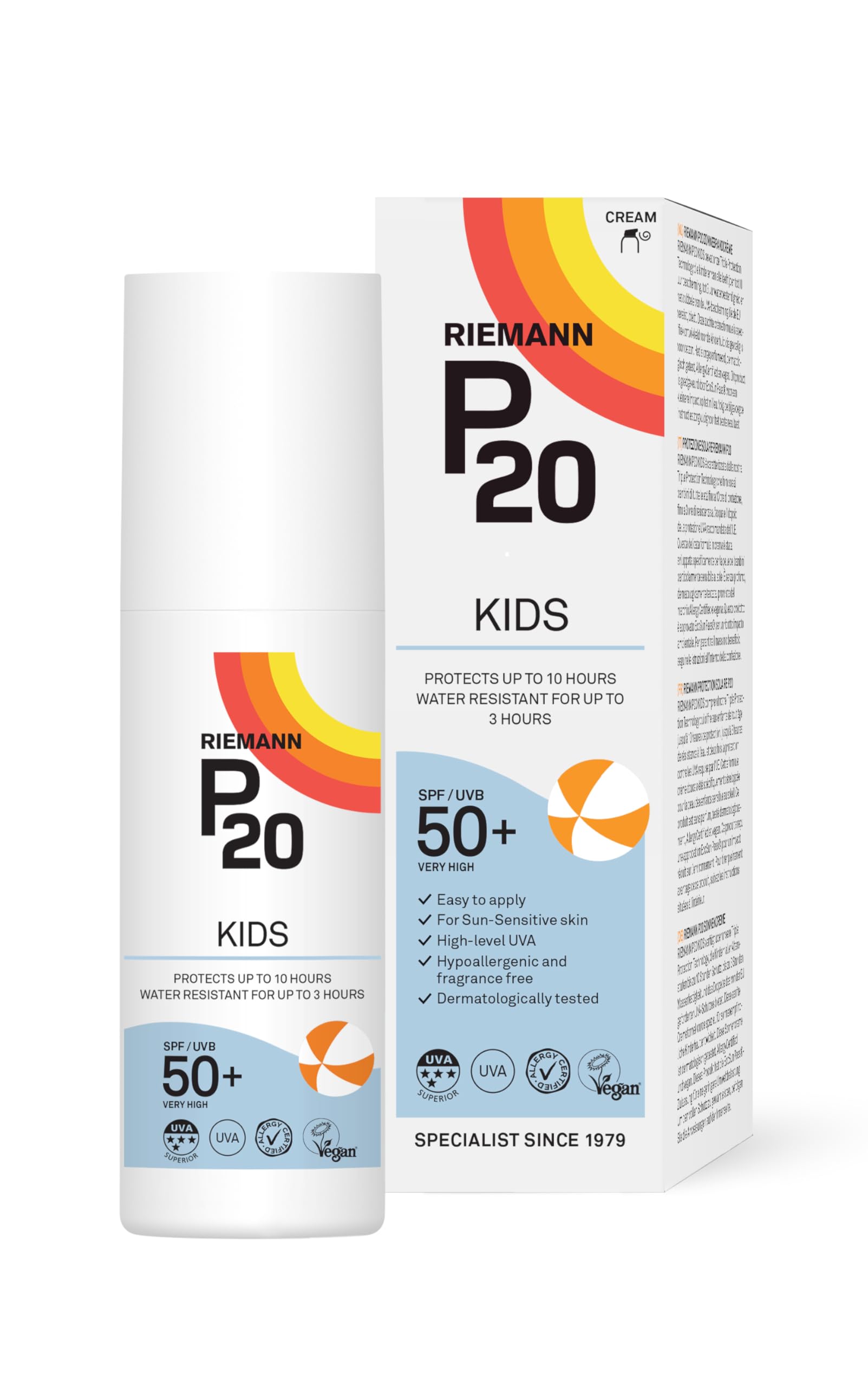 Riemann P20 Sun cream/lotion for Kids (+1 yr) SPF50+. All day long, Once a day, Hydrating, Absorbs Fast, Long lasting, 5*UVA & UVB, protects up to 10hrs, water resistant up to 3hrs, no Octocrylene.