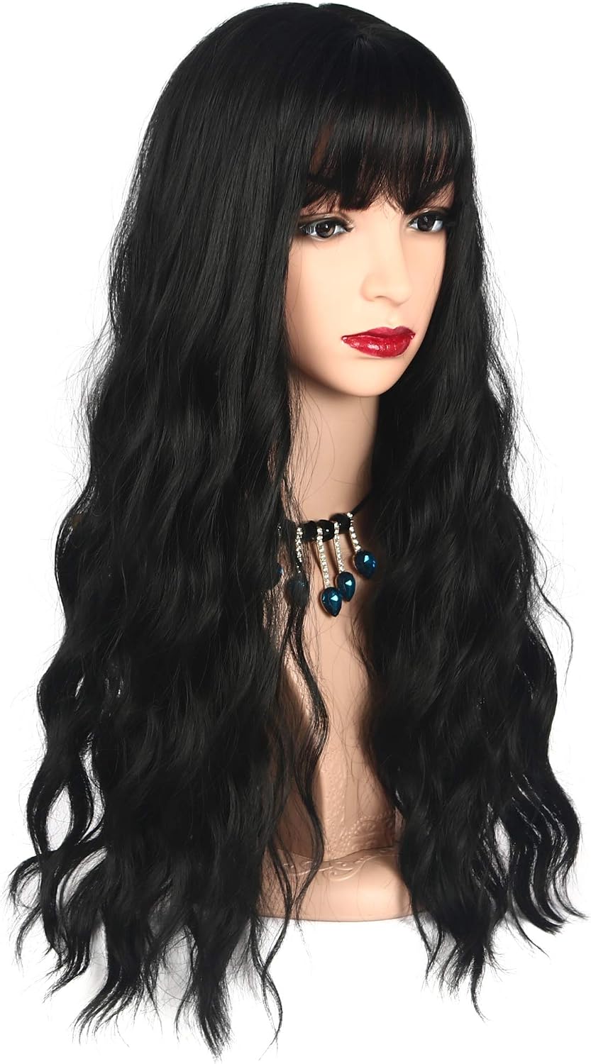 Chisu Synthetic Wigs With Bangs For Women Glueless Wigs Long Wavy Style Wig Middle Part 26inches Black Color - Image 3