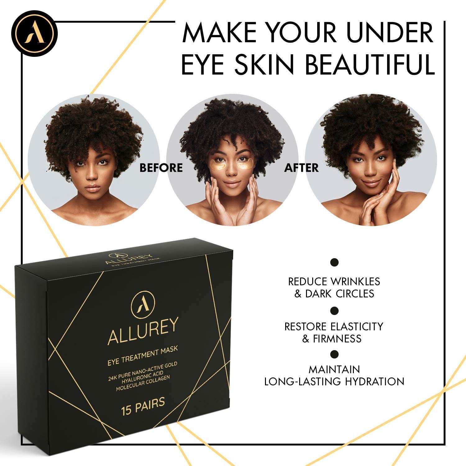 ALLUREY 24K Gold Collagen Eye Mask, Best Eye Treatment, Anti-aging and Anti-wrinkle Effect, Moisturizes, Reduces Puffiness and Dark Circles, Under Eye Patches (15 Pairs) : Beauty
