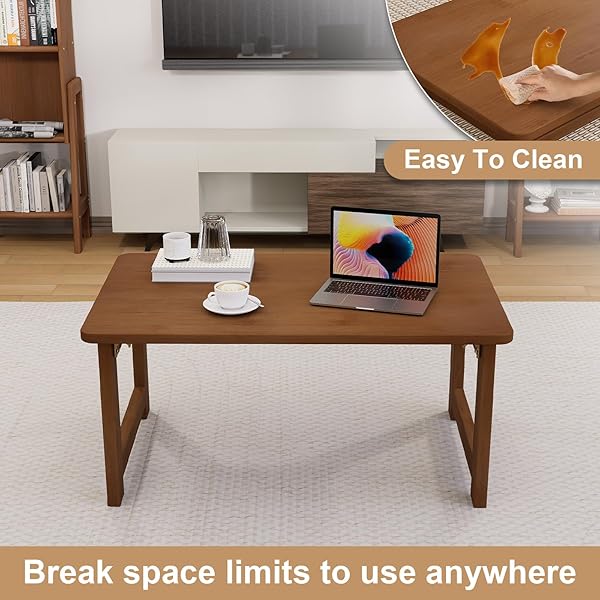 MHIUSI FLOOR COFFEE TABLE FOR LIVING ROOM, JAPANESE FOLDING LOW DINING TABLE, NO ASSEMBLY FOLDABLE TATAMI TEA TABLE – NATURAL SOLID WOOD BAMBOO, RECTANGLE GROUND DESK FOR SMALL SPACES (WALNUT)