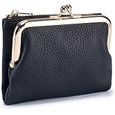 mpeak filters Genuine Leather Kiss Lock Wallet for Women Kiss Clasp Coin Purse Small Bifold Wallet with Card Slots and Zipper Pocket (Black)