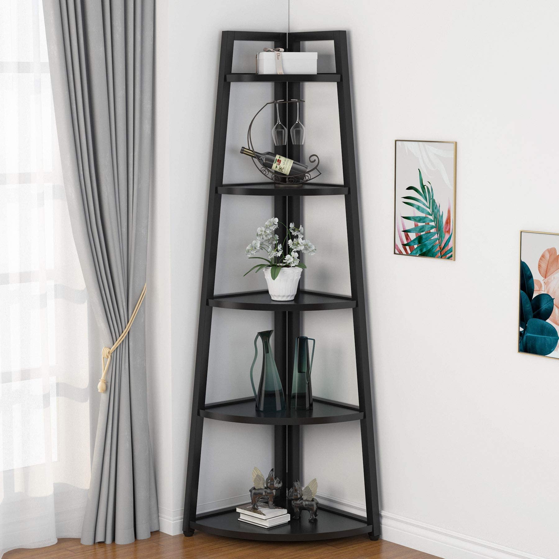 Tribesigns 70 inch Tall Corner Shelf, 5 Tier Modern Corner Bookshelf Bookcase Industrial Corner Ladder Shelf Plant Stand for Living Room, Kitchen, Home Office (Black) Image