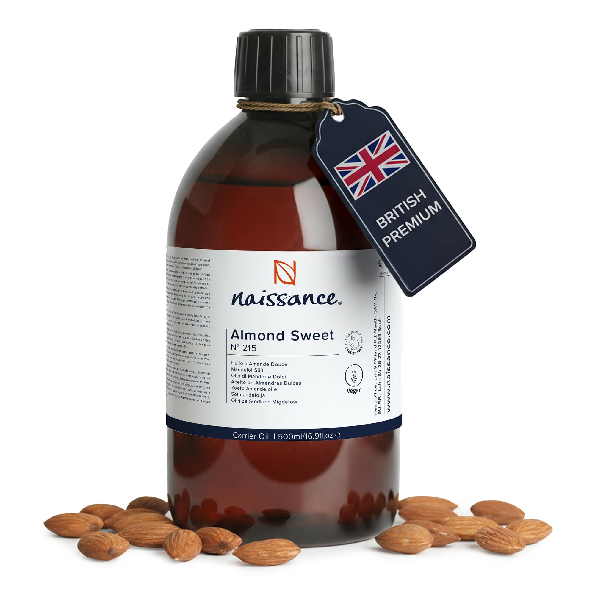 Naissance Sweet Almond Oil (no. 215) 500ml – For Skin, Hair, Massage, Nails, Cuticles, Ears, Face, Body, Stretch Marks - Natural Skin Care, Carrier Oil for Aromatherapy