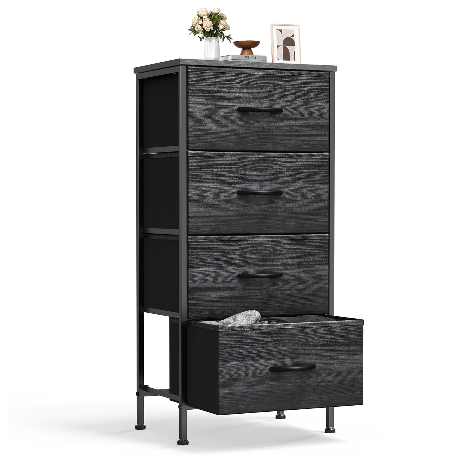 Sweetcrispy Nightstand Small Bedroom Dresser with 4 Fabric Drawers,Bed Side Furniture End Table,Wooden Top Cabinet Night Stand Dresser for Closet,Entryway,Dorm,Black Wood Grain Image