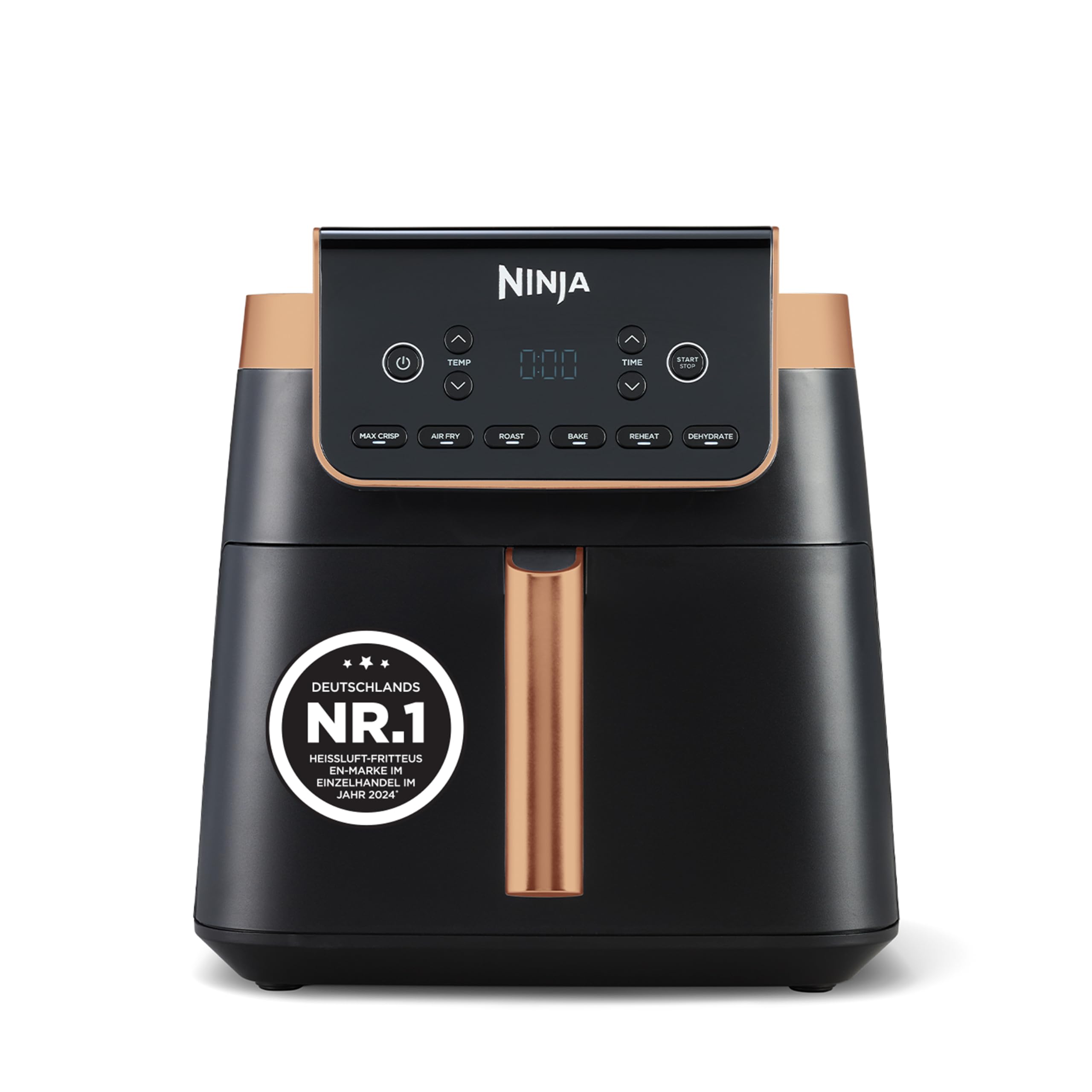Ninja Heißluftfritteuse MAX PRO, 6,2 L, ölfrei, große Schublade, Rösten, Backen, Air Fry, Antihaftbeschichtet, Spülmaschinenfester Korb & Crisper Gittereinsatz, Silikonzange, Schwarz/Kupfer, AF180EUCP