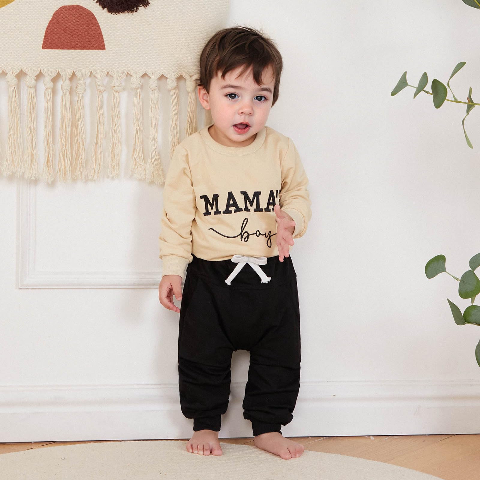 FOCUSNORM Toddler Baby Boy Fall outfit Mama's Boy Letter Embroidery Sweatshirt Top Elastic Pants Set Cute 2pcs Winter Clothes