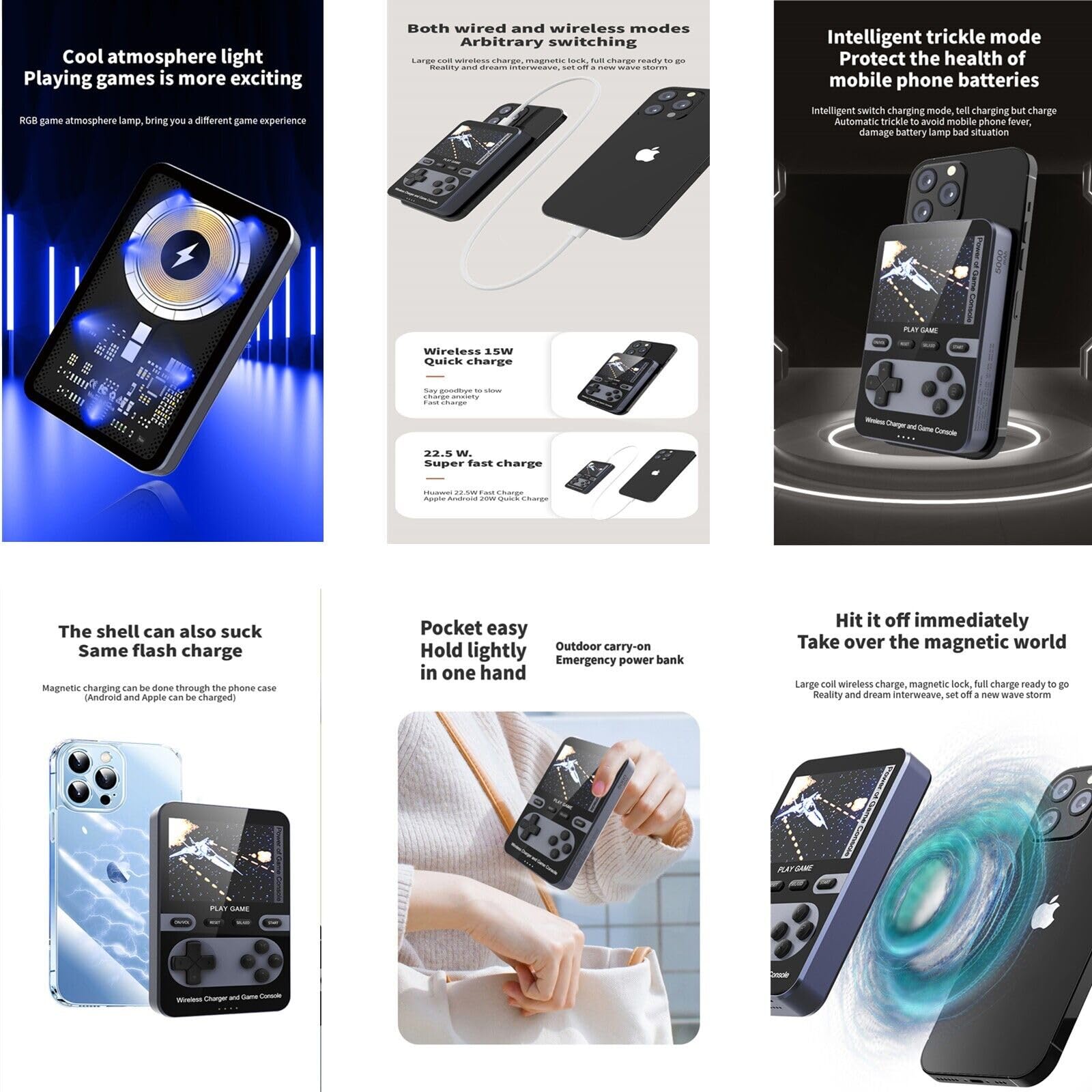 Kastar 2 in 1 Handheld Video Game Console Built-in 500 Classic Mini Games with 5000mAh Battery Pack Magnetic Power Bank Wireless Charger Max 15W【Color: Blue】