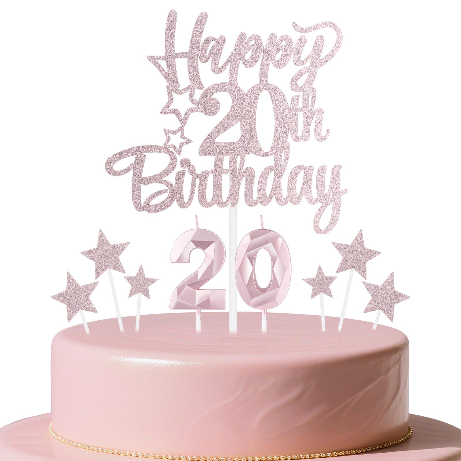 mciskin Rose Gold 20th Birthday Candles Cake Toppers Set,20th Birthday Decorations for Girl,3D Number 20 Candle for Cake,Rose Gold Candles Star Cupcake Toppers for Girls Women Birthday Party Supplies — image 1