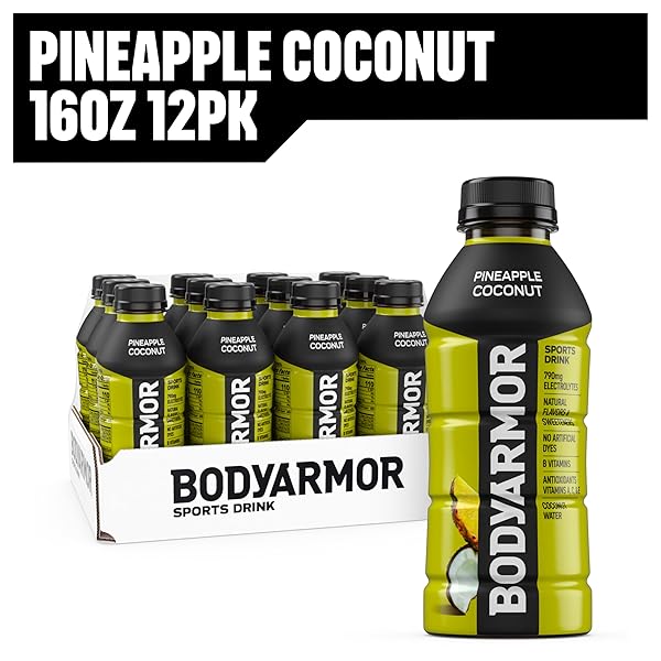 BODYARMOR SPORTS DRINK SPORTS BEVERAGE, PINEAPPLE COCONUT, COCONUT WATER HYDRATION, NATURAL FLAVORS WITH VITAMINS, POTASSIUM-PACKED ELECTROLYTES, PERFECT FOR ATHLETES, 16 FL OZ (PACK OF 12)