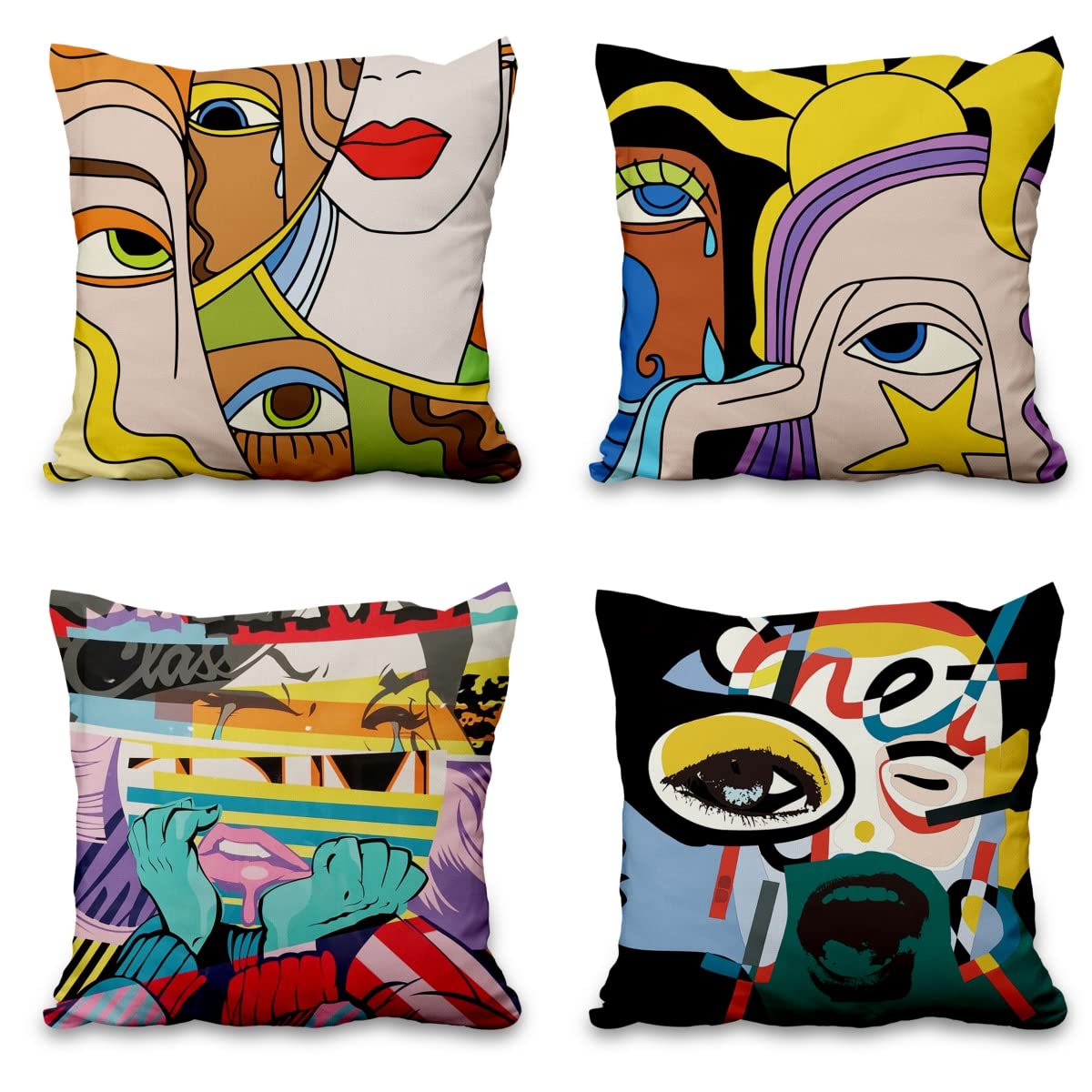 Aoihrraan POP Abstract Art Cushion Covers, Set of 4 Funny Graffiti Face Pillowcase Modern Fashion Square Linen Throw Pillow Cover for Living Room Sofa Car Outdoor Garden Bed Couch hone decor 20" X 20"