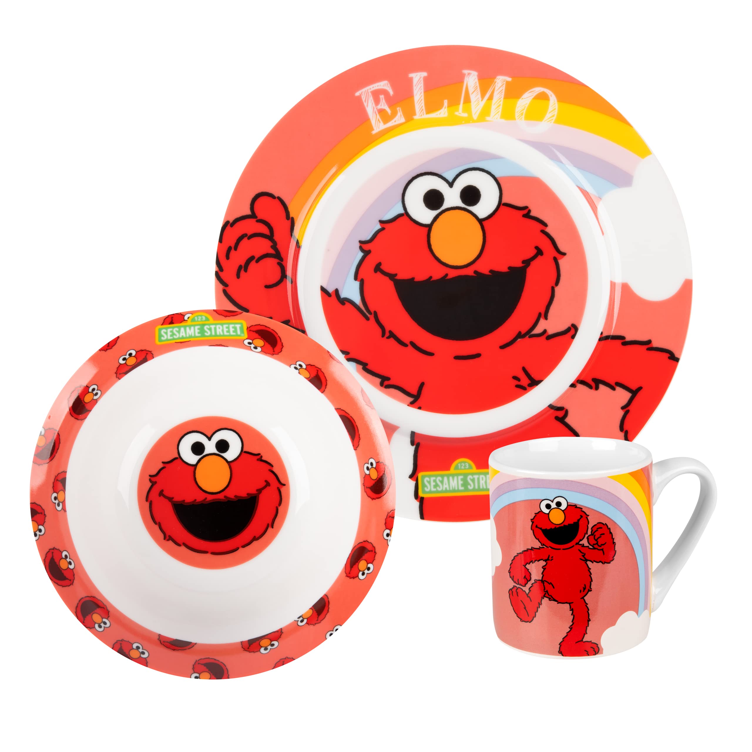 Sesame Street Breakfast Set - Elmo Children's Crockery Set 3-piece Porcelain Plate, Bowl & Cup Multicoloured