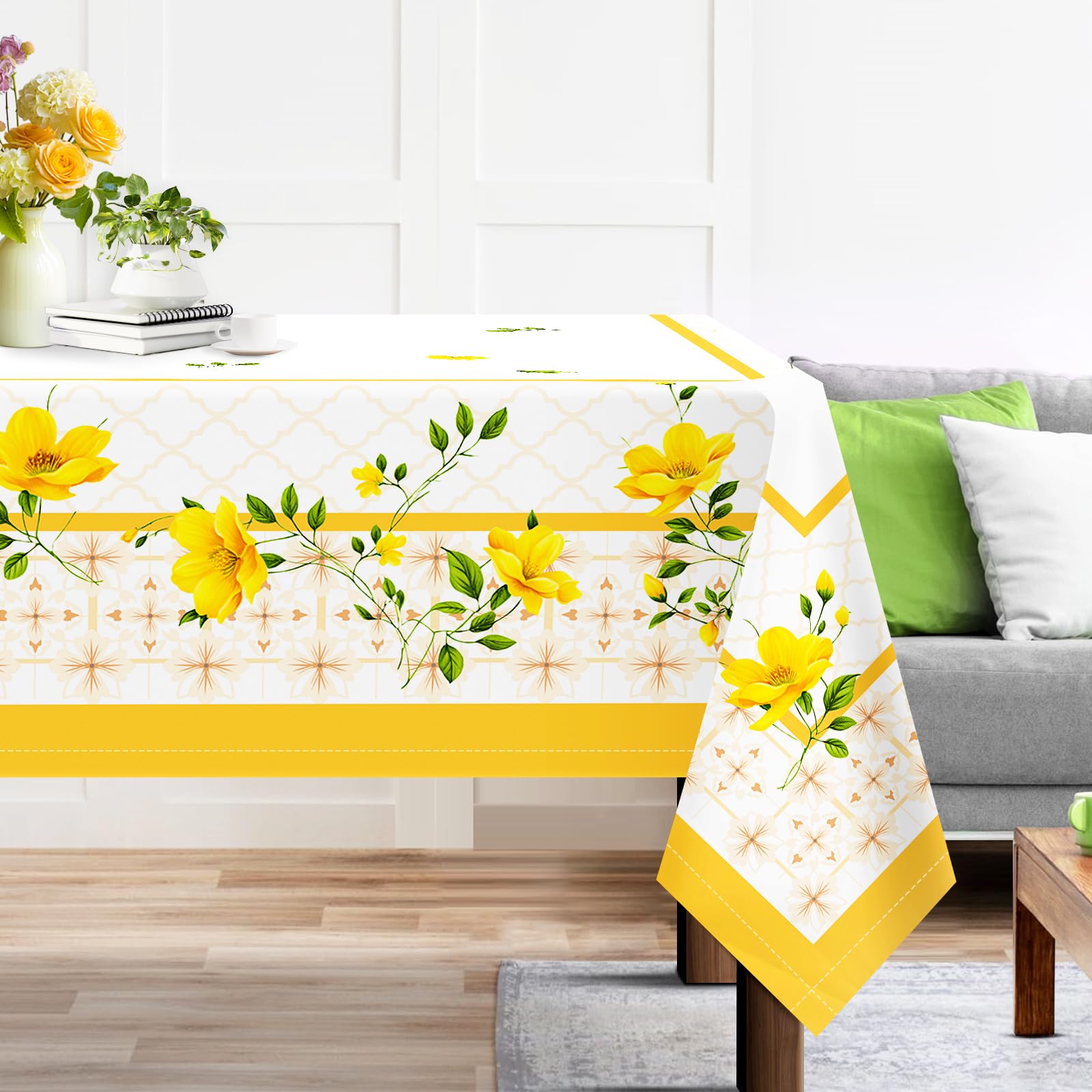Arquiel Spring Summer Tablecloth, Retangle Yellow Wildflower Tablecloth Waterproof, Stain Resistant Cloth Table Cover for Party Picnic Dinner Décor(152x213cm)
