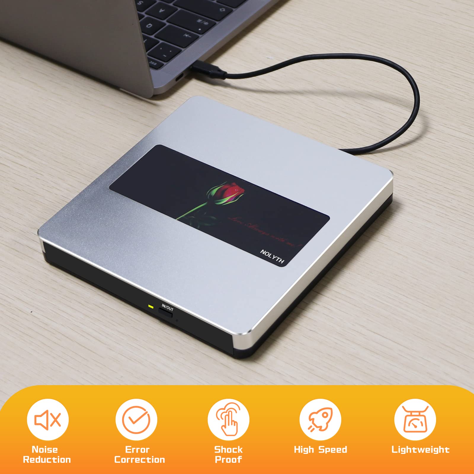NOLYTH External CD Drive for Mac USB C SuperDrive for Apple, Portable DVD Drive Player for Laptop, Slim CD Burner Optical CD/DVD Drives Disk Reader for PC MacBook Computer Desktop