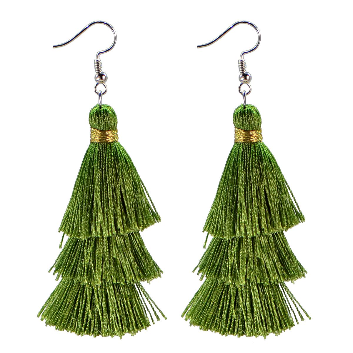 AD Beads Fashion Charm Crystal Silk Tassel 3 Layers Fan Fringe Dangle Earrings designer costume jewelry, 3.15 inches, silk string, crystal