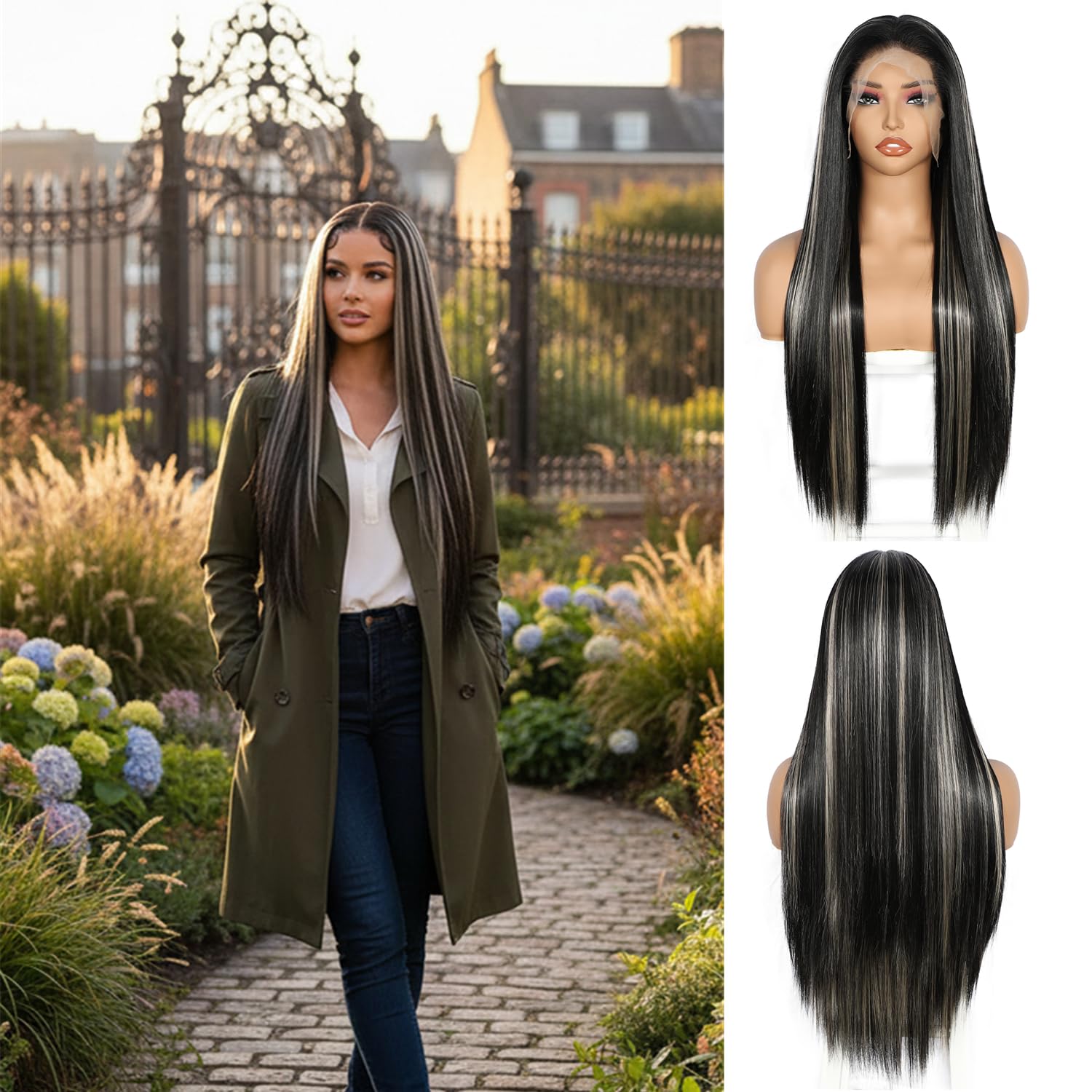 Sapphirewigs 13x6 Highlight Black Straight Lace Front Wigs Long Straight Wig for Women Highlight White Lace Front Synthetic Hair 150% Density Party Daily Wear Heat Resistant 26inch — image 1