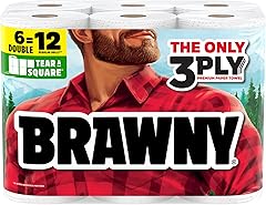 Brawny Tear-A-Square 3-Ply Paper Towels, 6 Double Rolls = 12 Regular Rolls, Strong, Absorbent, and Durable with 3 Sheet Sizes