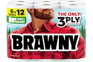 Brawny Tear-A-Square 3-Ply Paper Towels, 6 Double Rolls = 12 Regular Rolls, Strong, Absorbent, and Durable with 3 Sheet Sizes (Quarter, Half, Full)