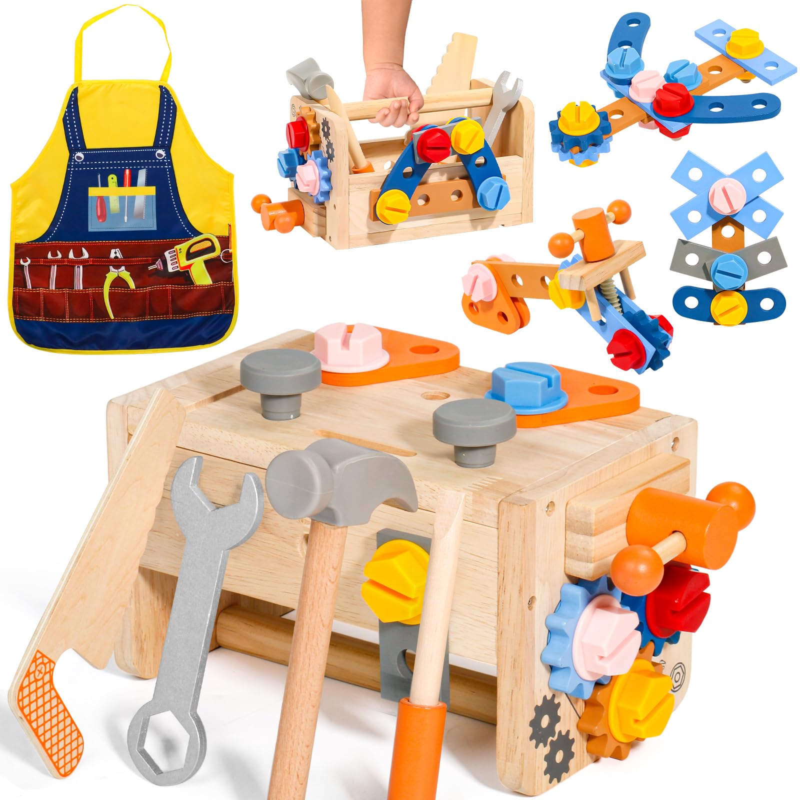 Wooden Kids Tool Set Toys for 2 Year Old Boys Girls with Apron Montessori Role Play Educational Construction Toddler Tool Box Kids Tool Bench Boys Girls Toys Age 3 4