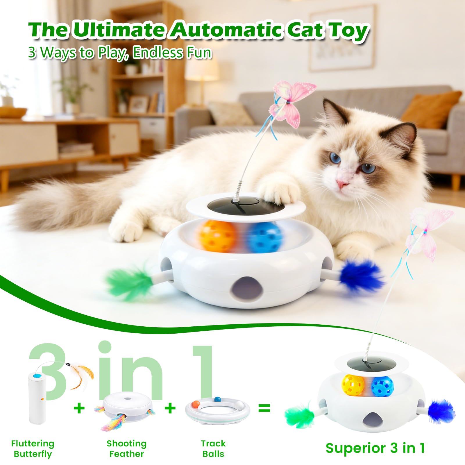 Condition photo showing New/Like New for zlafm cat toys for indoor cats, 3 in 1 automatic cat toy with silent motor (white) – interactive sel