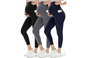 HLTPRO 1/3 Pack Maternity Leggings Over The Belly - Maternity Pants with Pockets for Women Pregnancy Workout Yoga Leggings