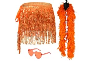 SHENJIPPC Sequin Skirt - Sequin Skirt for Women Fringe Skirt Belly Dance Rave Disco Cowgirl Sparkle Skirt, with Sunglasses + Boa
