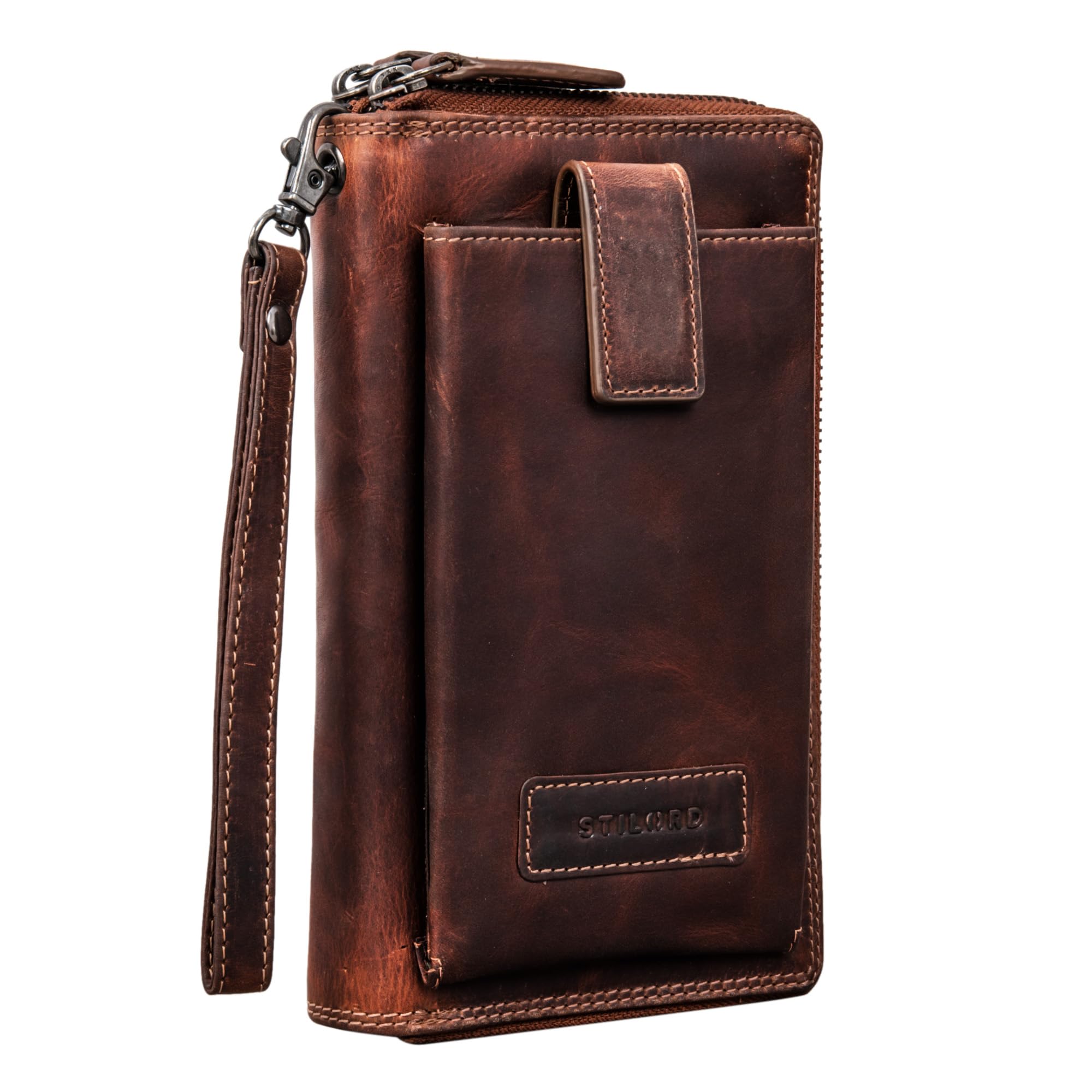 STILORD 'Kieran' Travel Wallet Leather Billfold with Cell Phone Compartment Wrist Bag with Many Compartments XL Purse RFID Blocker Genuine Leather Vintage, Colour:Salerno - Brown