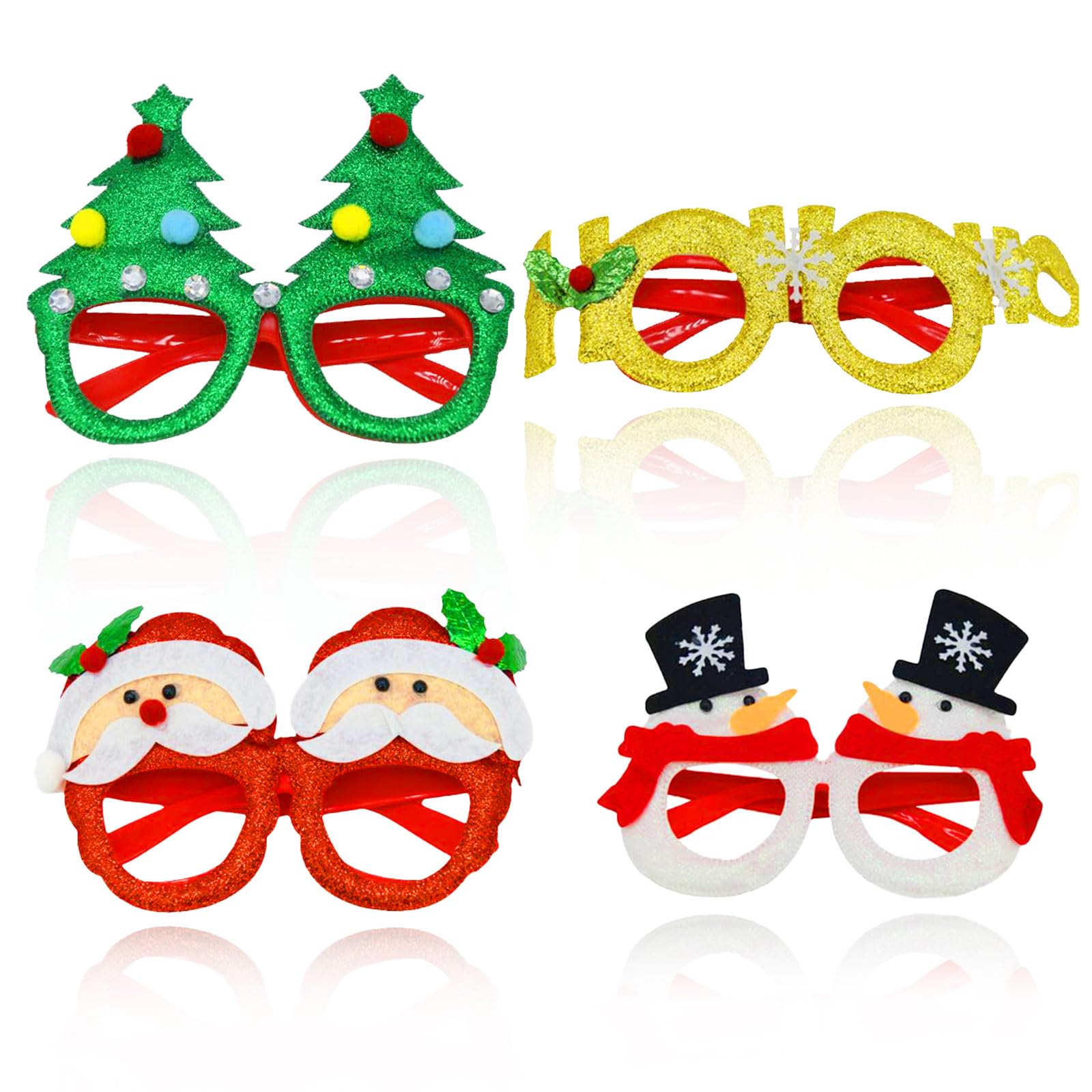 YIAJIA 4Pcs Christmas Glasses to Wear Christmas Party Glasses Costume Eyeglasses Frame for Kids Adults Glitter Holiday Party Glasses for Christmas Parties Holiday Favors