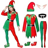 6PCS Women Christmas Elf Costume Set Xmas Festive Outfit Dress Santa's Helper Hat Skirt Belt Shoes Socks Ears Holiday Party
